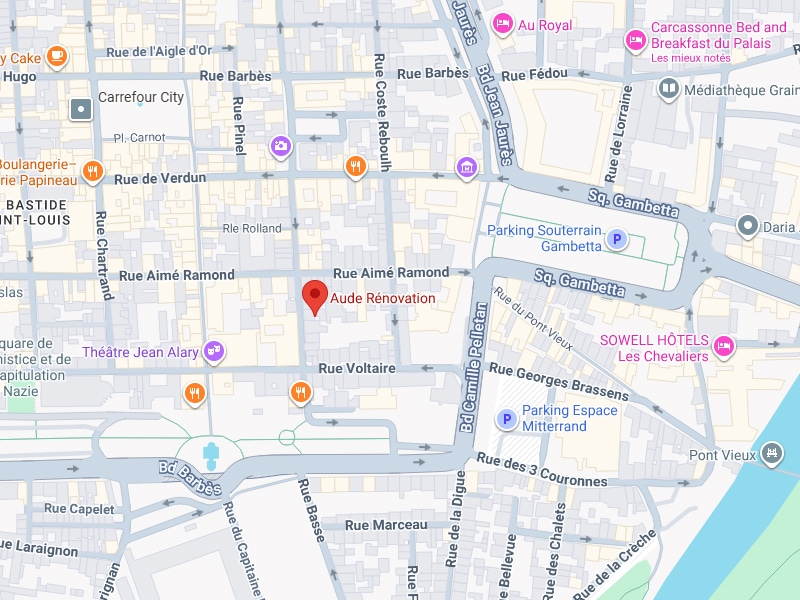 Aude Rénovation Carcassonne : Plan détaillé et localisation Carte Carcassonne: Aude Rénovation (Rue Aimé Ramond). Vues des rues principales: Verdun, Sq. Gambetta, Bd Jean Jaurès, Parking Mitterrand.